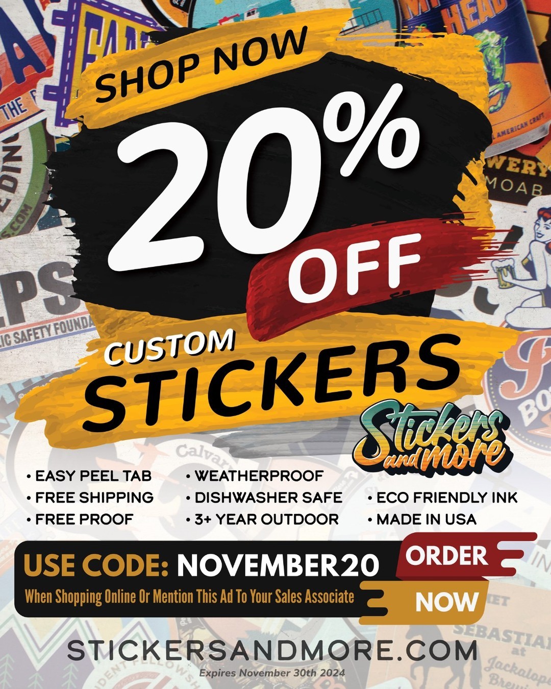 FINAL DAY FOR SALE PRICES 🚨

Today is the final day to score 20% off custom stickers, use code NOVEMBER20 at checkout, or mention this ad to your salesperson. 

#StickersAndMore
#ElevateYourBrand

#BlackFriday #BlackFridayDeals #SaveMoney #Stickers